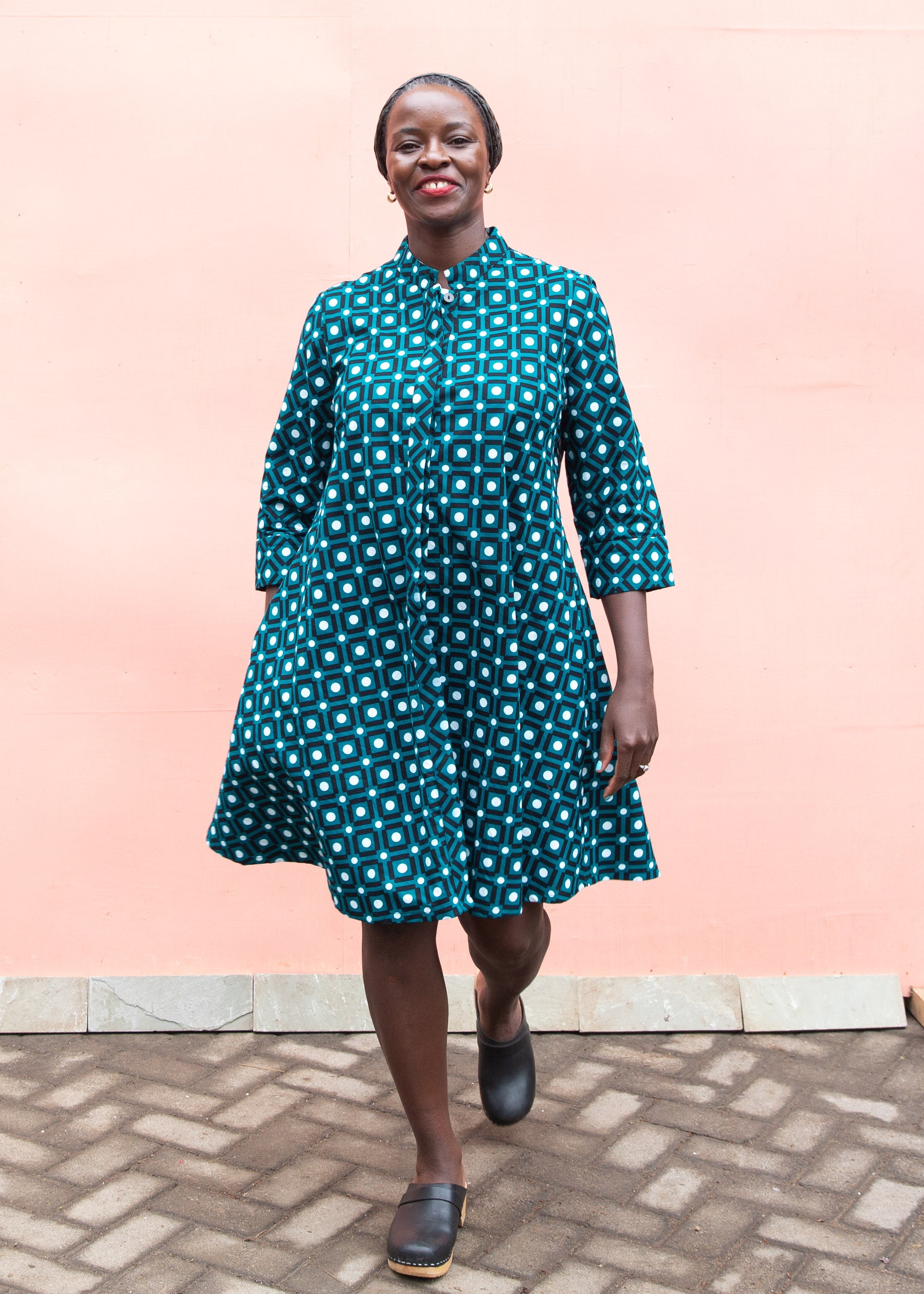 Teal dress with white dots