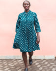 Teal dress with white dots