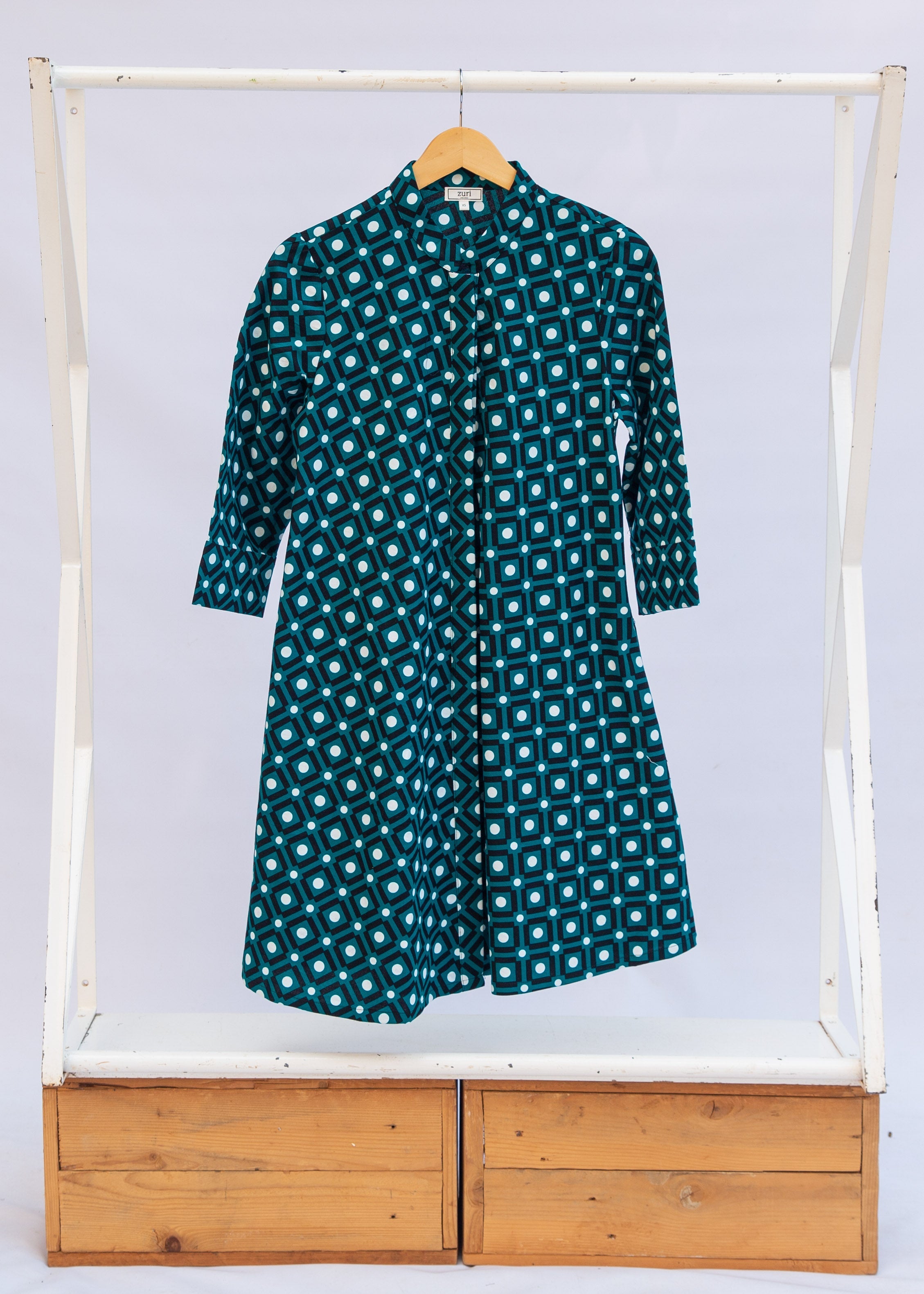 Teal dress with white dots