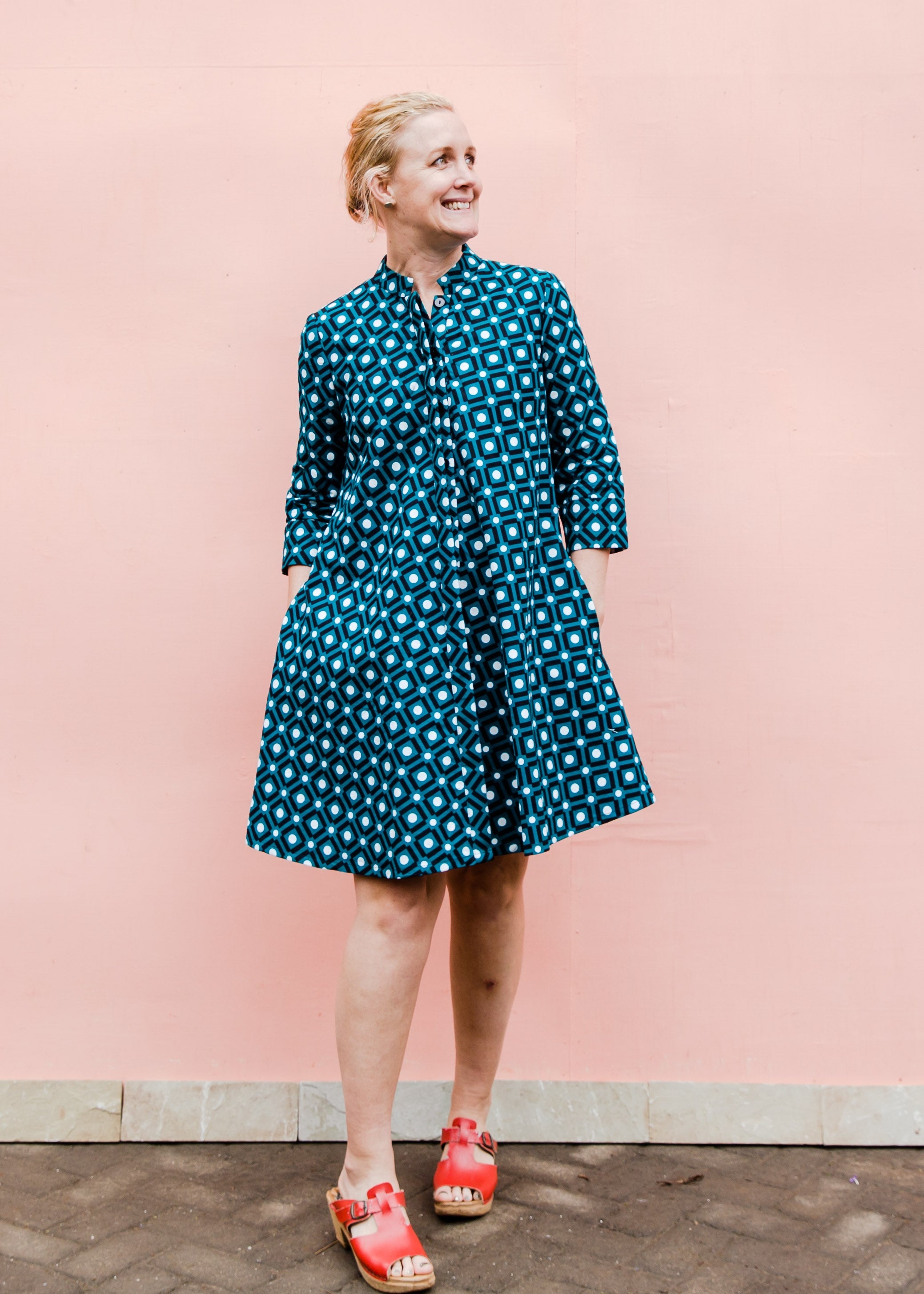 Teal dress with white dots