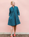 Teal dress with white dots