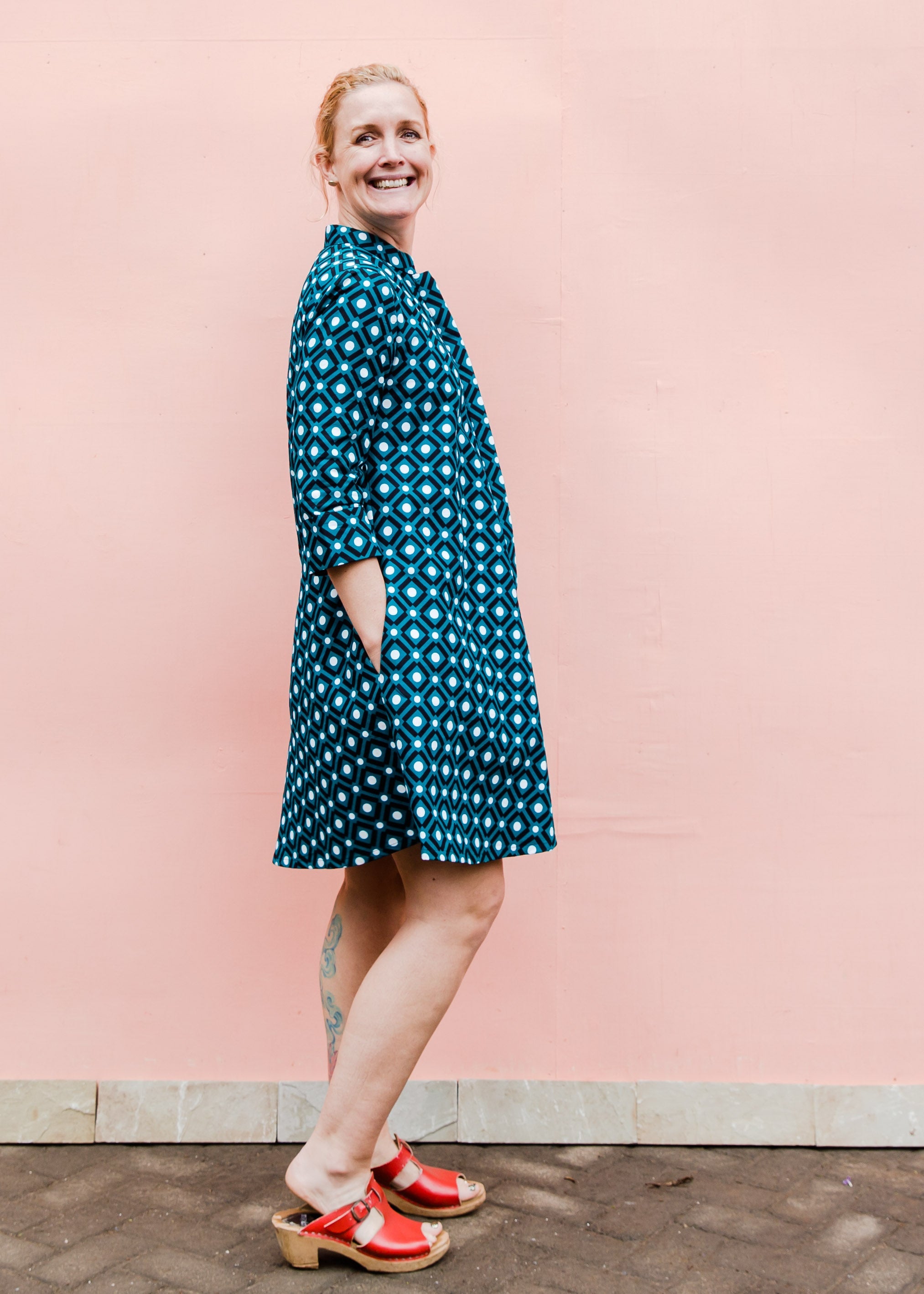 Teal dress with white dots