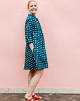 Teal dress with white dots