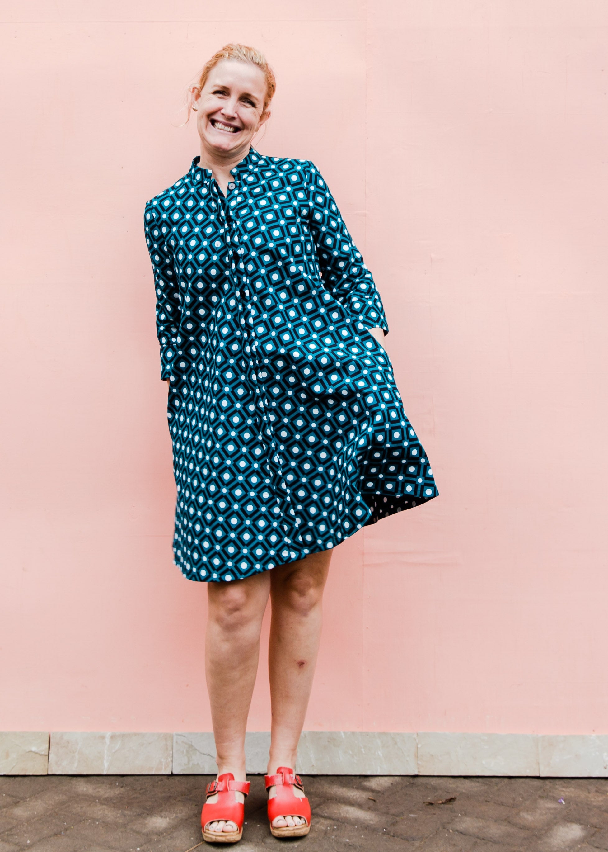 Teal dress with white dots