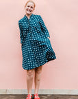 Teal dress with white dots