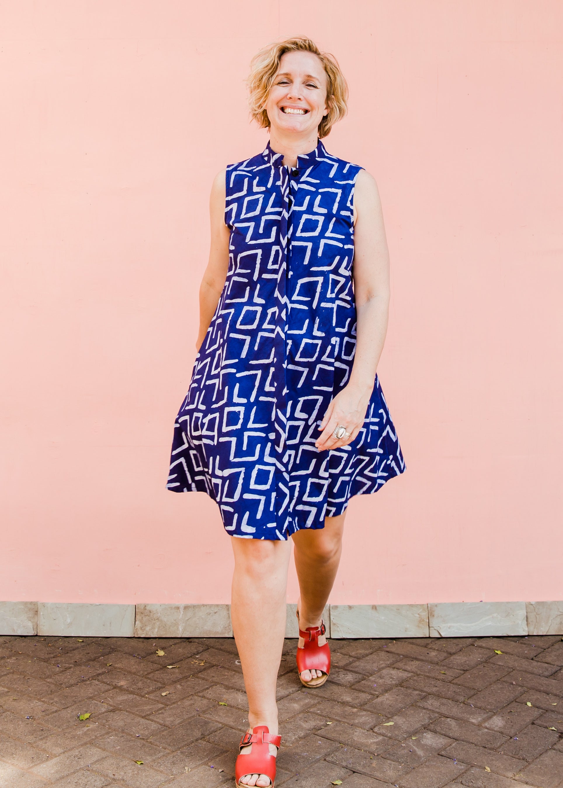 Blue and white diamond batik dress