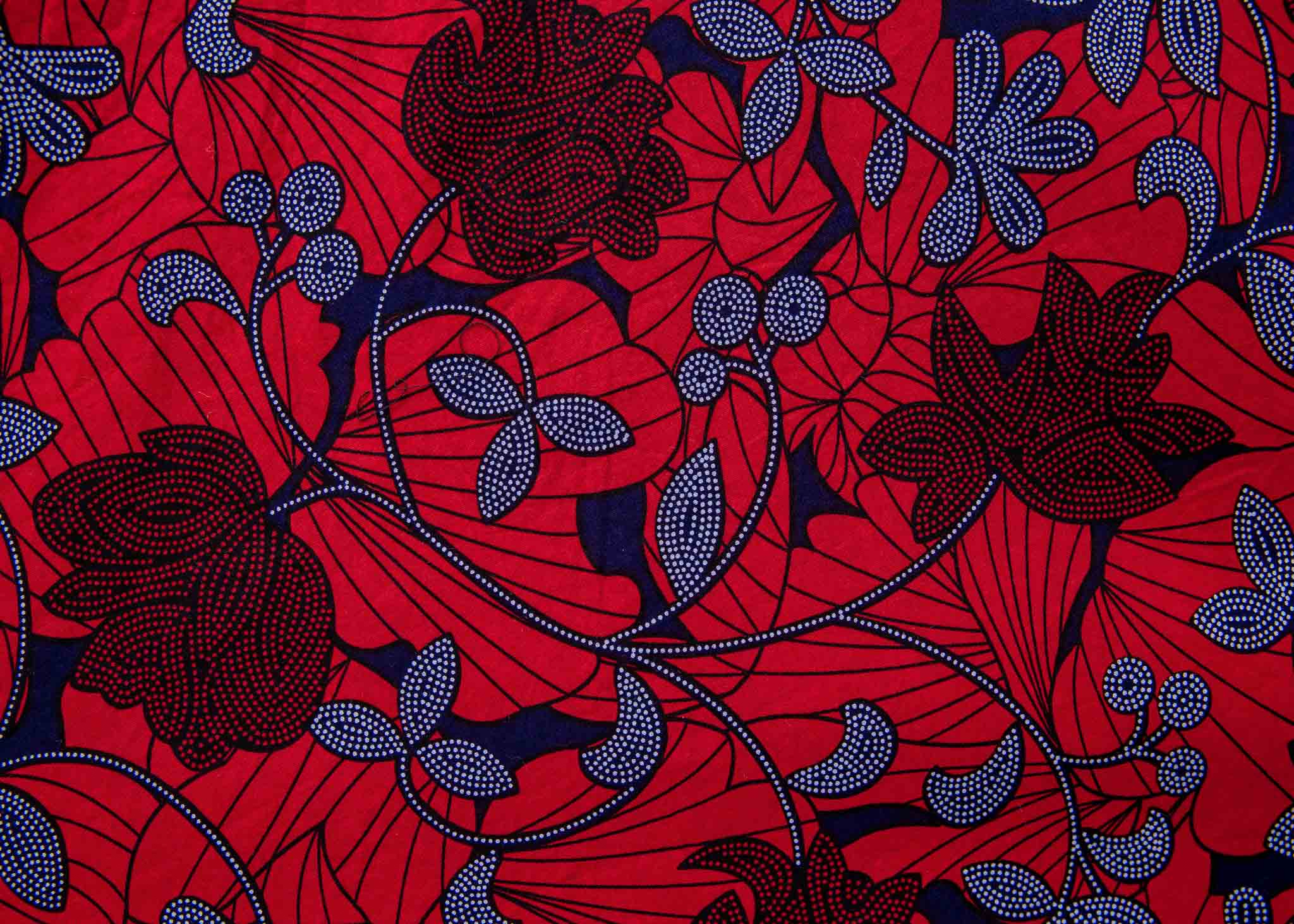 display of red dress with floral vine print.