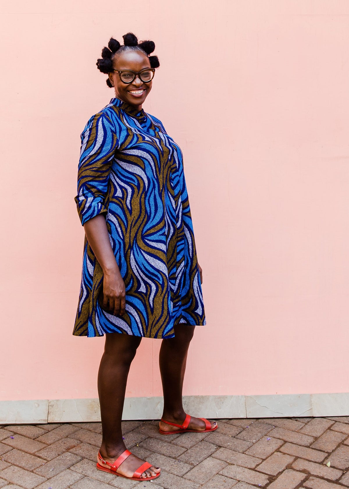 Blue, white and gold swirl dress