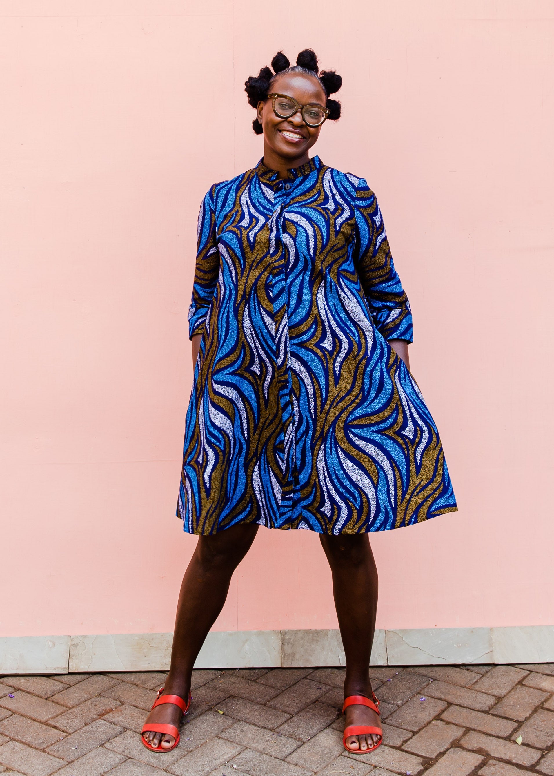 Blue, white and gold swirl dress