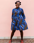 Blue, white and gold swirl dress