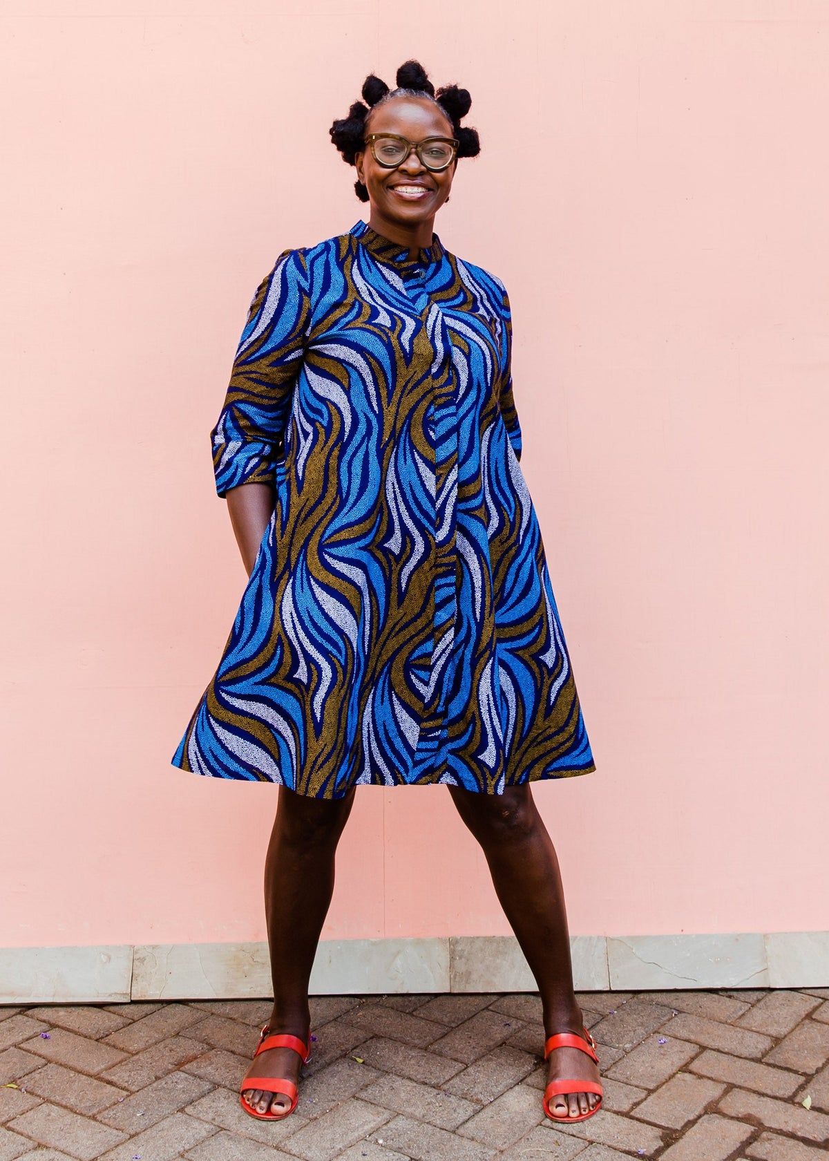 Blue, white and gold swirl dress