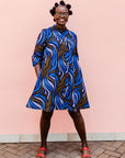 Blue, white and gold swirl dress