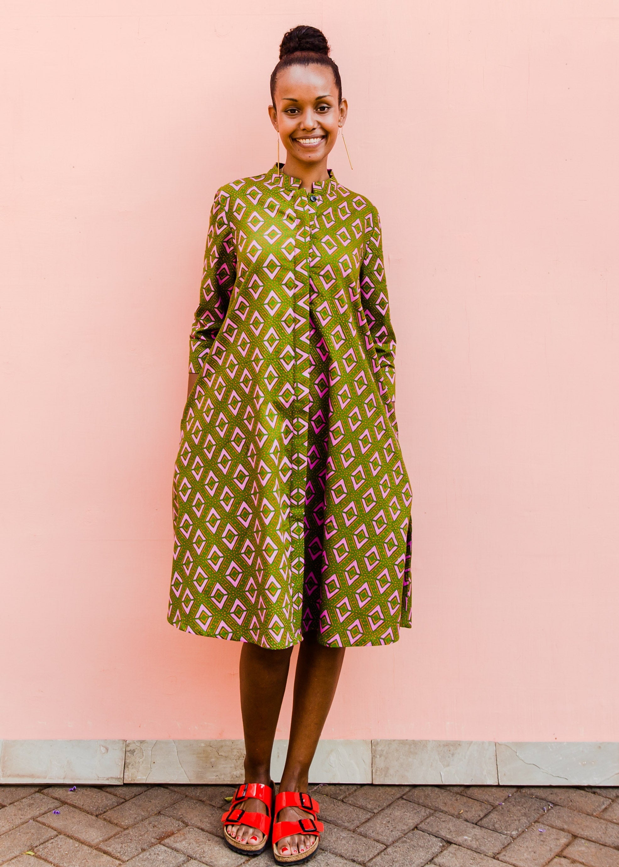 pink and green diamond print dress