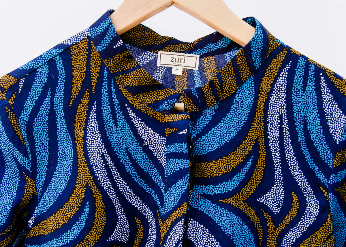 Blue, white and gold swirl dress