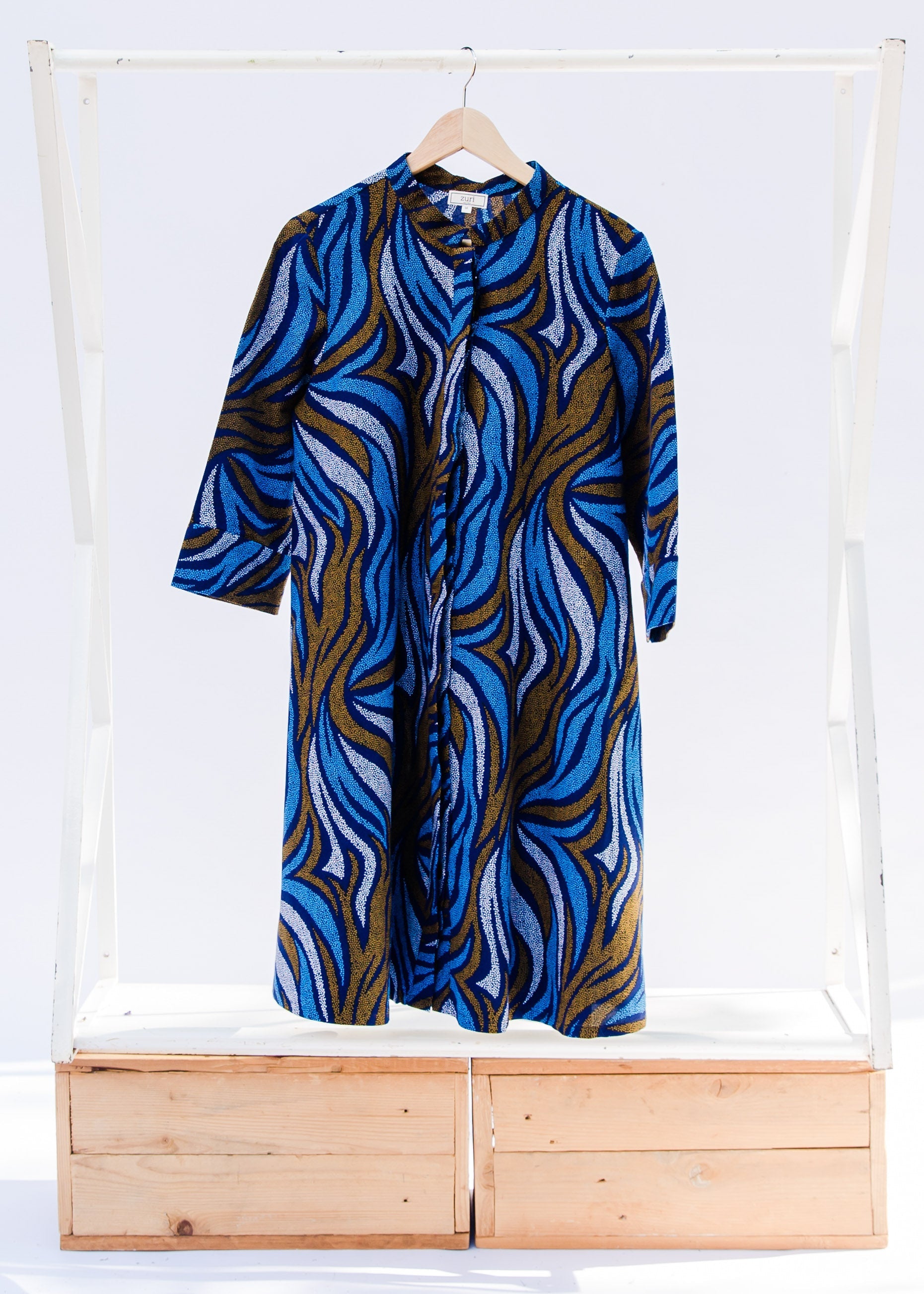 Blue, white and gold swirl dress