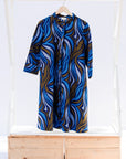 Blue, white and gold swirl dress