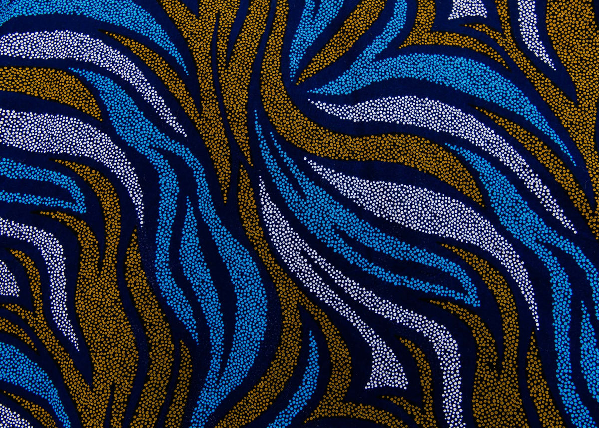 Blue, white and gold swirl dress