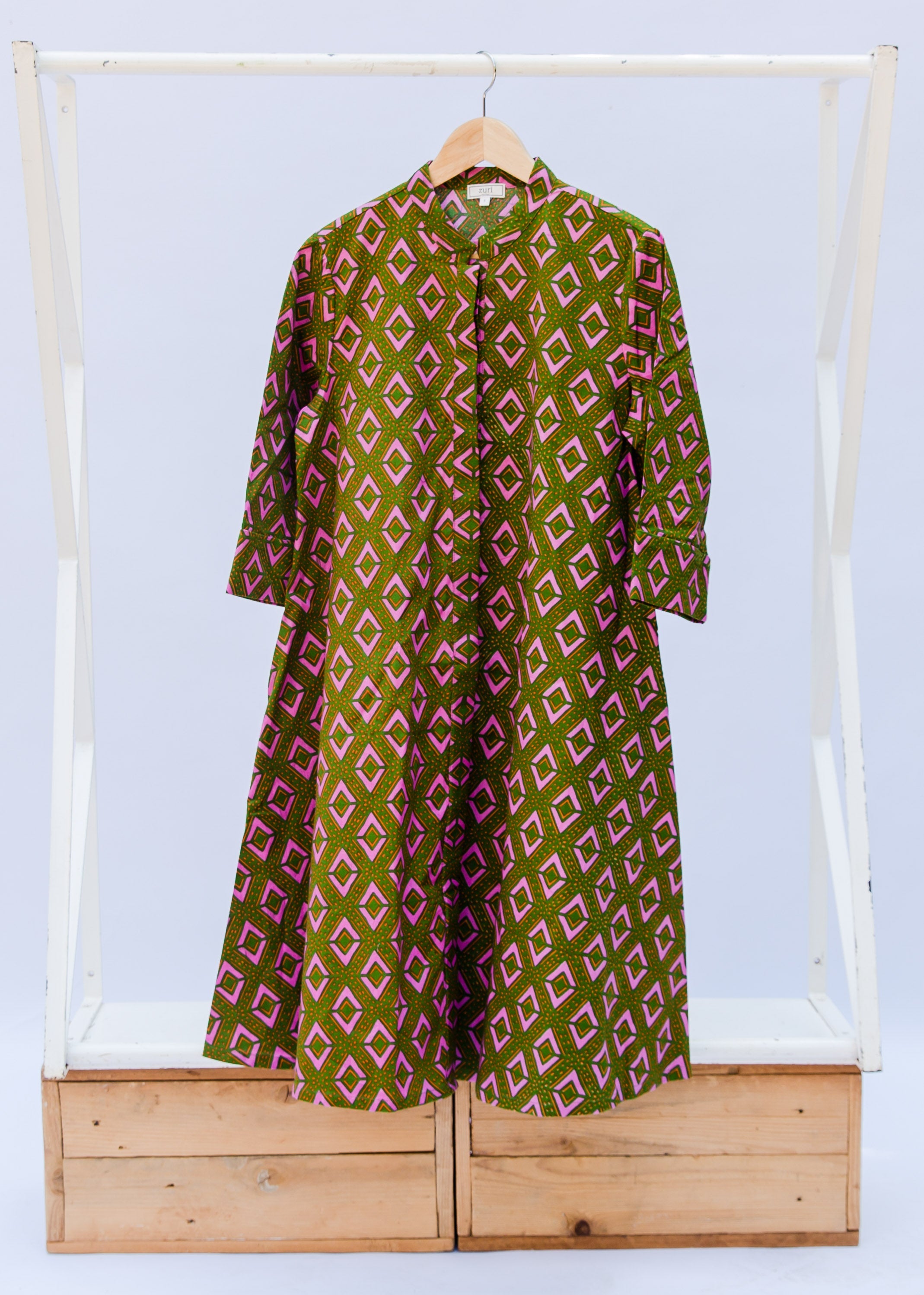 pink and green diamond print dress
